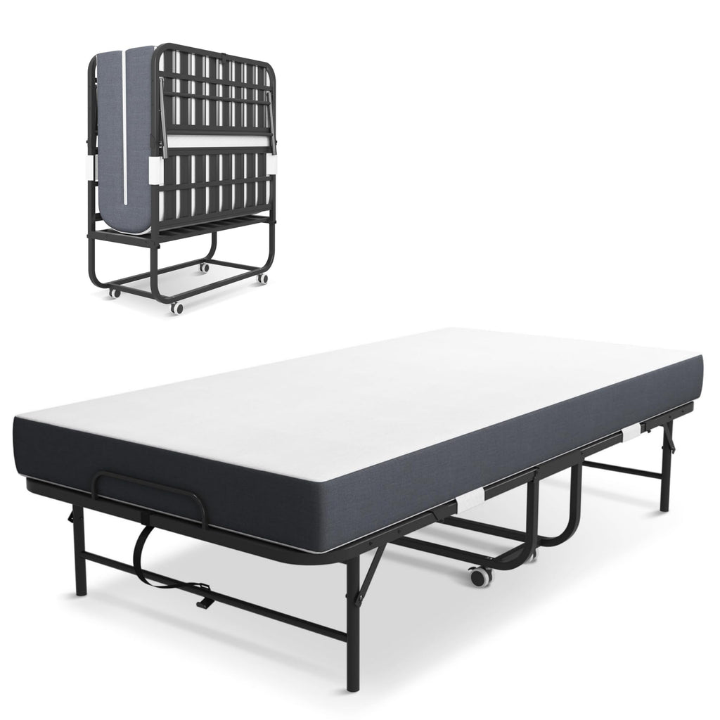 Folding Bed with Mattress, Twin Size Metal Bed Frame with Wheels V341565