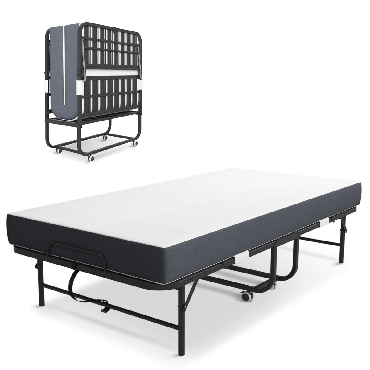 Folding Bed with Mattress, Twin Size Metal Bed Frame with Wheels V341565