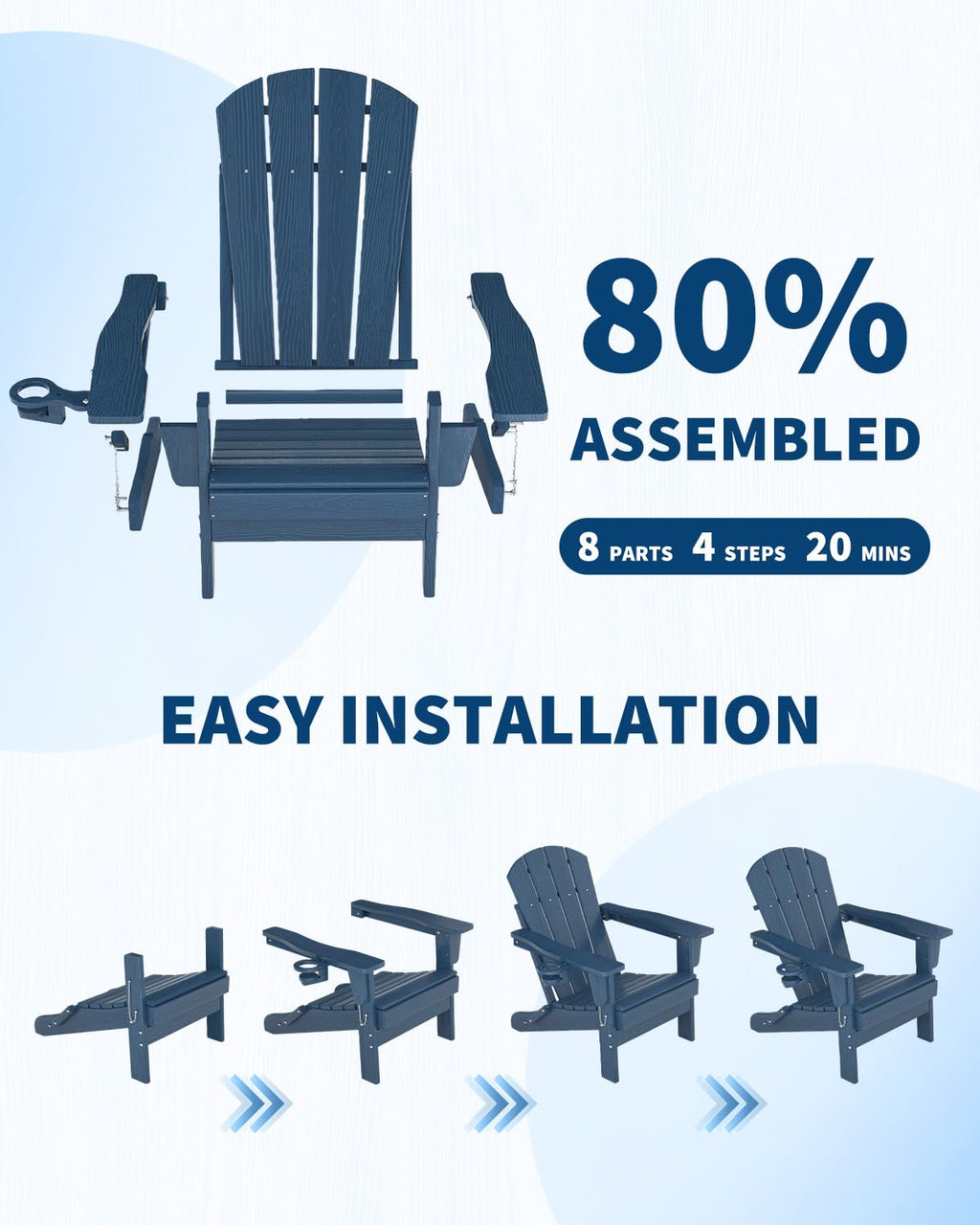 Navy Blue HDPE Folding Adirondack Chair Set of 6 with Cup Holder D3761