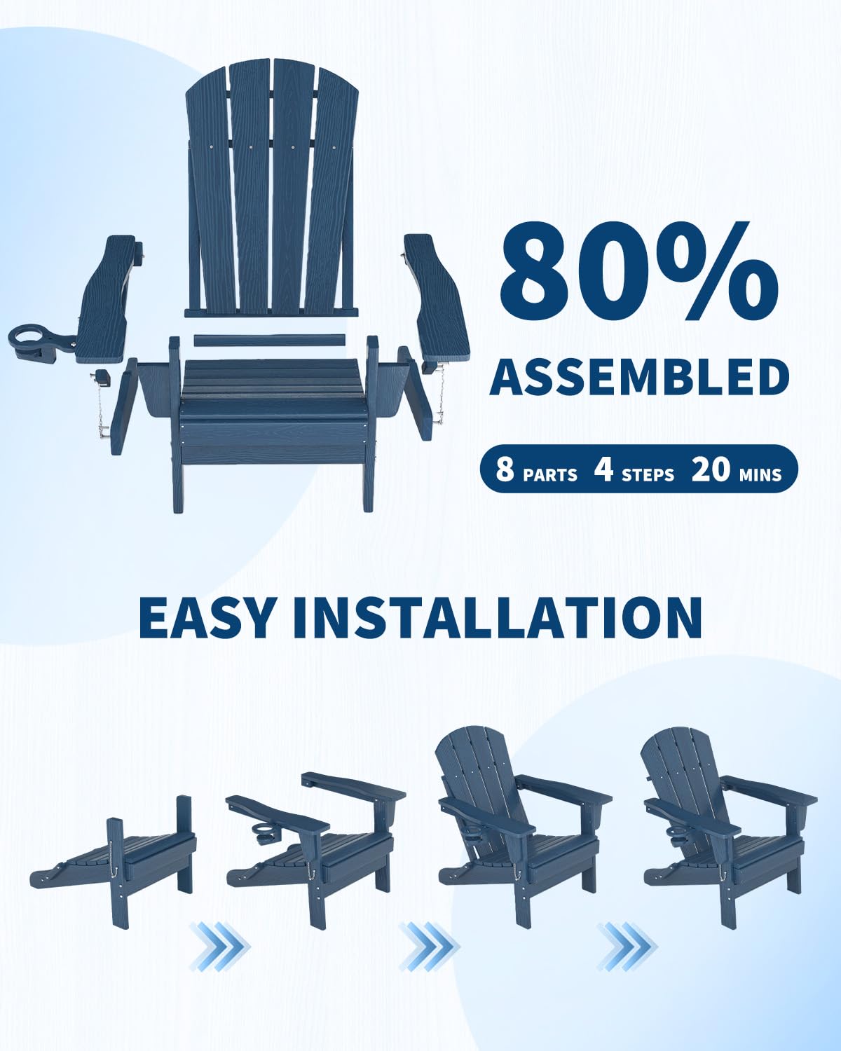 Navy Blue HDPE Folding Adirondack Chair Set of 6 with Cup Holder D3761