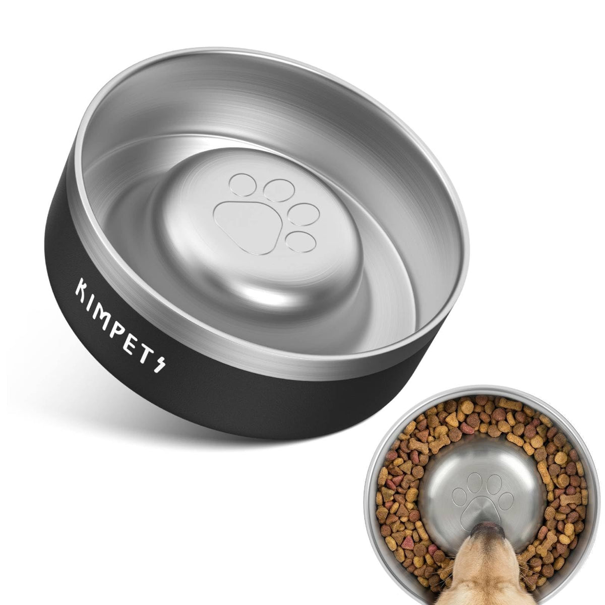 Black 2 Cups Stainless Steel Non-Slip Dog Slow Feeder Bowl Q745724