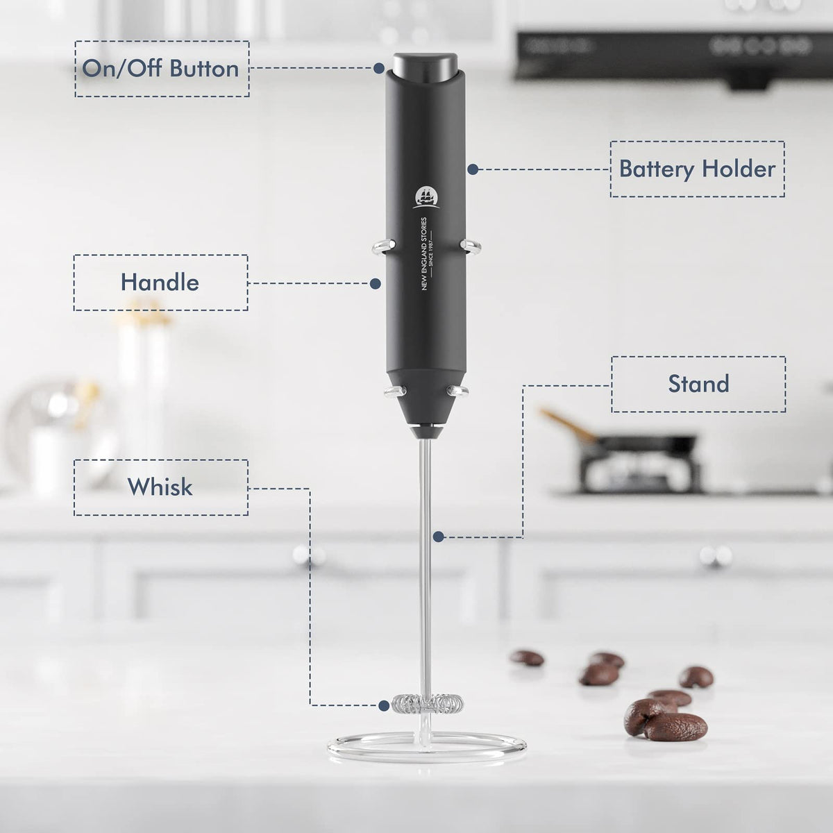 Black Handheld Milk Frother with Stand H236