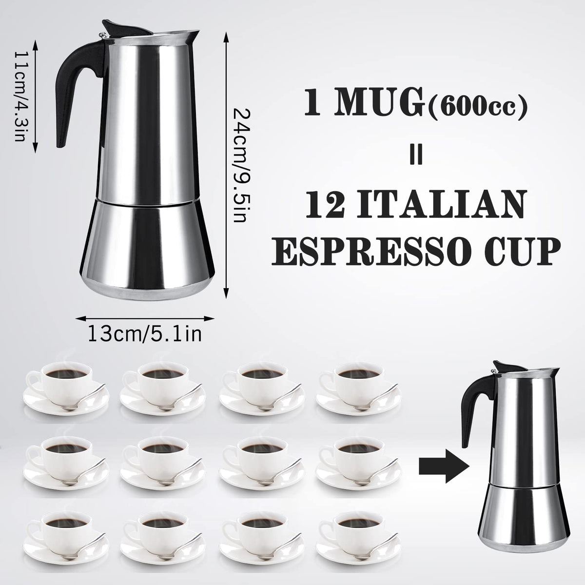 Stainless Steel Stovetop Moka Pot Espresso Maker 12 Cup 600ml J4005