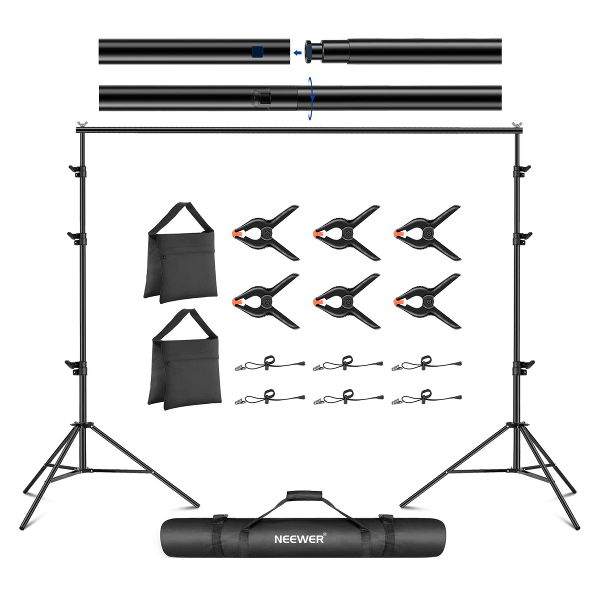 Adjustable Backdrop Stand Kit with 4 Crossbars, 6 Spring Clamps, 6 Backdrop Clips, 2 Sandbags, and Carrying Bag K46820