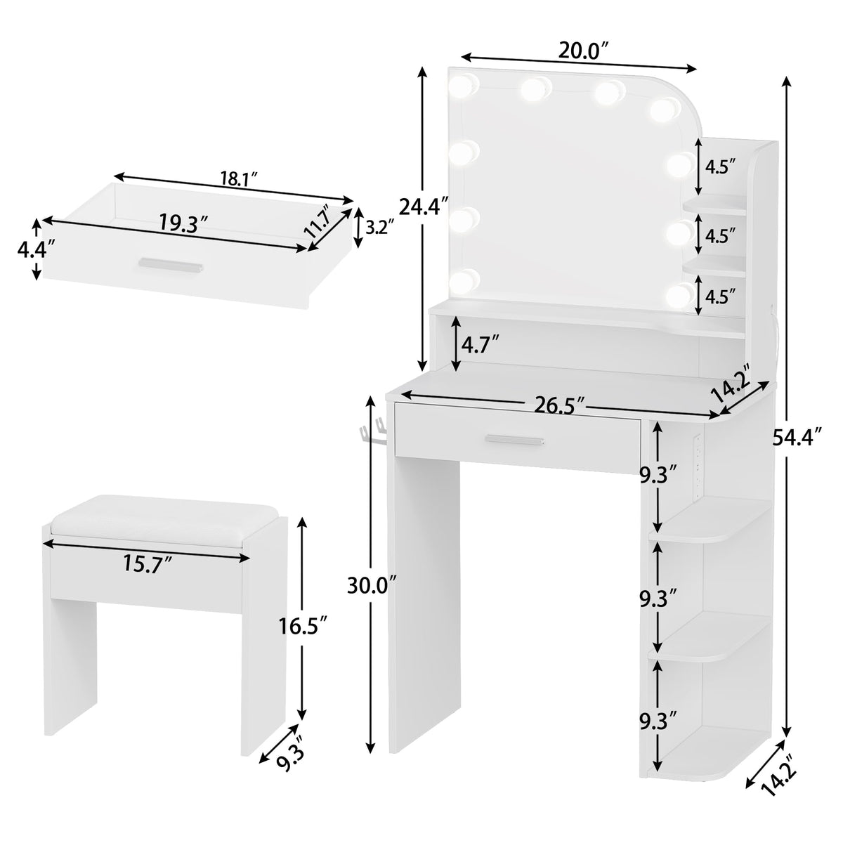 White Small Vanity Set with Chair, Mirror & Lights P807