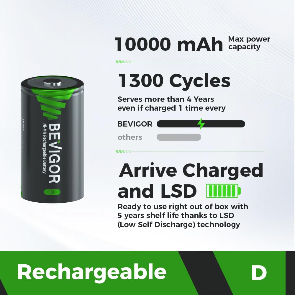 Rechargeable D Batteries 10000mAh NiMH 4 Count A6352