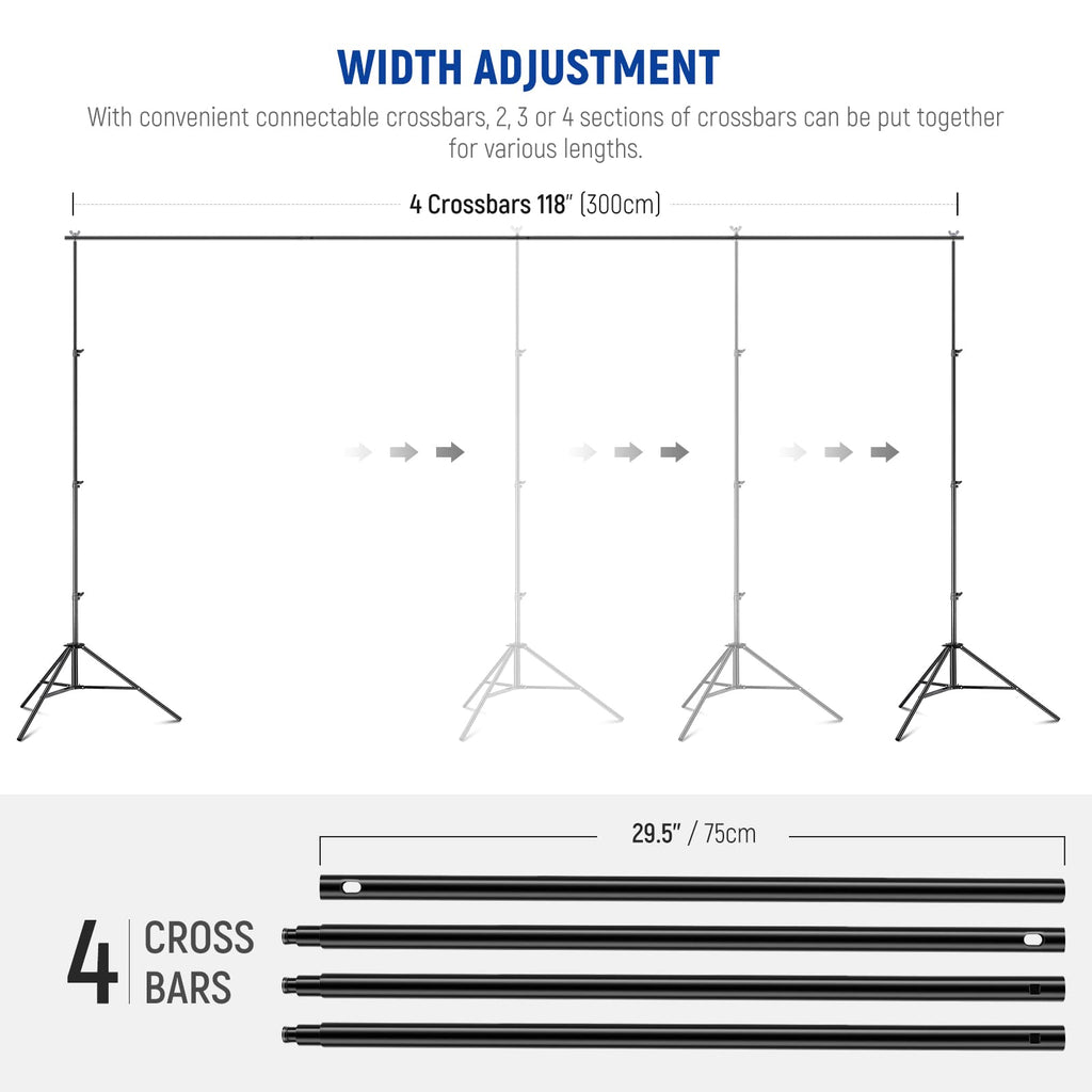 Adjustable Backdrop Stand Kit with 4 Crossbars, 6 Spring Clamps, 6 Backdrop Clips, 2 Sandbags, and Carrying Bag K46820