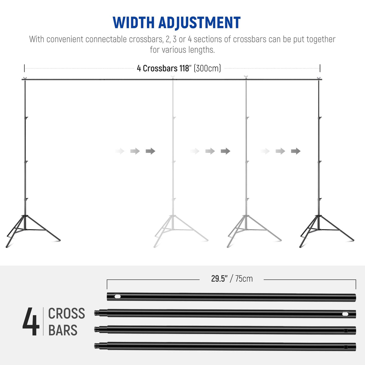 Adjustable Backdrop Stand Kit with 4 Crossbars, 6 Spring Clamps, 6 Backdrop Clips, 2 Sandbags, and Carrying Bag K46820