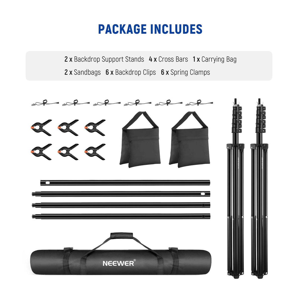 Adjustable Backdrop Stand Kit with 4 Crossbars, 6 Spring Clamps, 6 Backdrop Clips, 2 Sandbags, and Carrying Bag K46820
