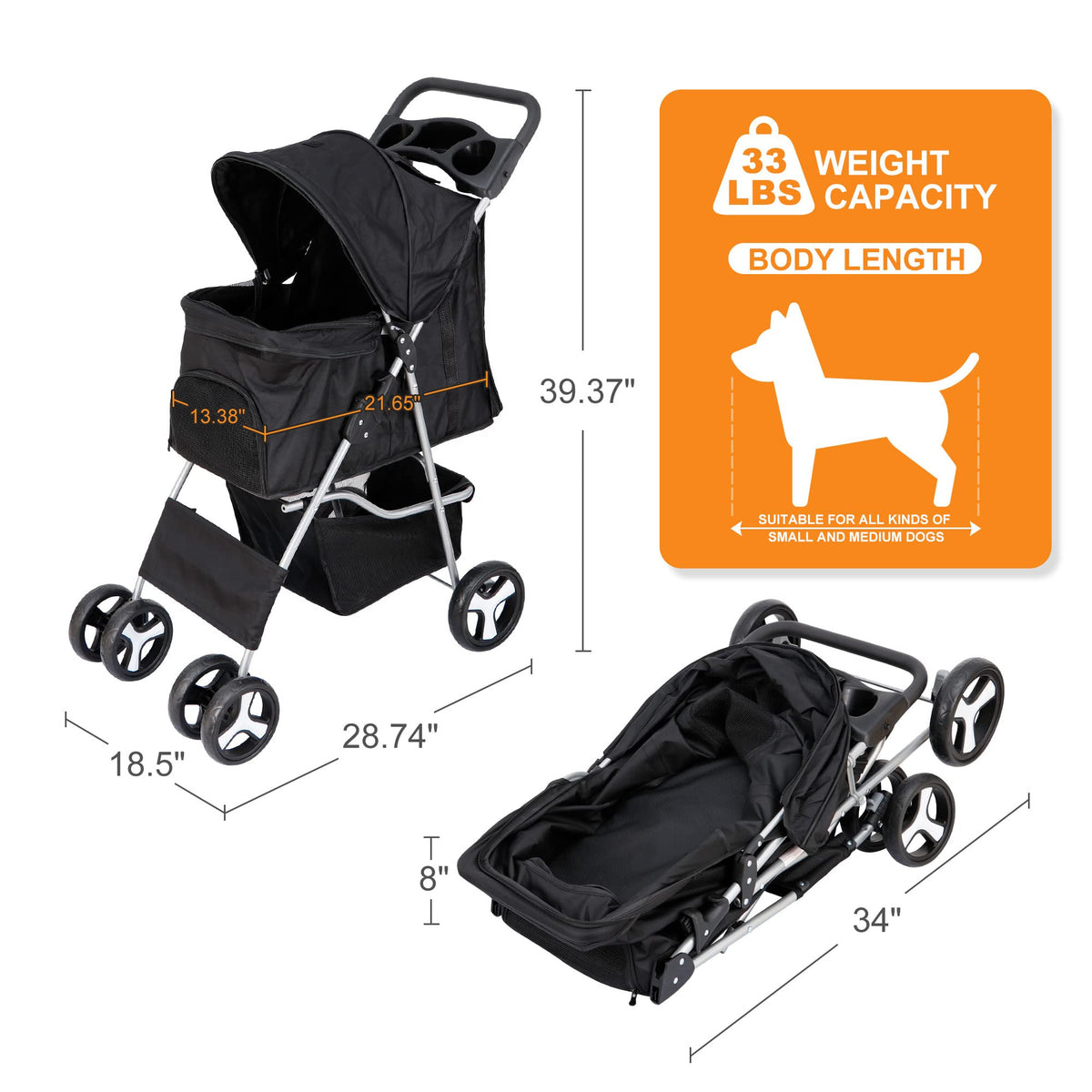 4 Wheels Foldable Pet Stroller with Storage Basket and Cup Holder E891506