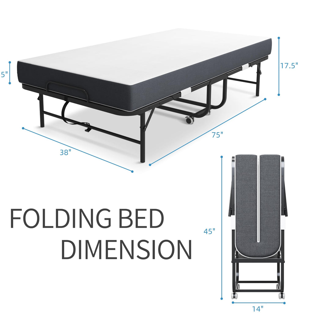 Folding Bed with Mattress, Twin Size Metal Bed Frame with Wheels V341565