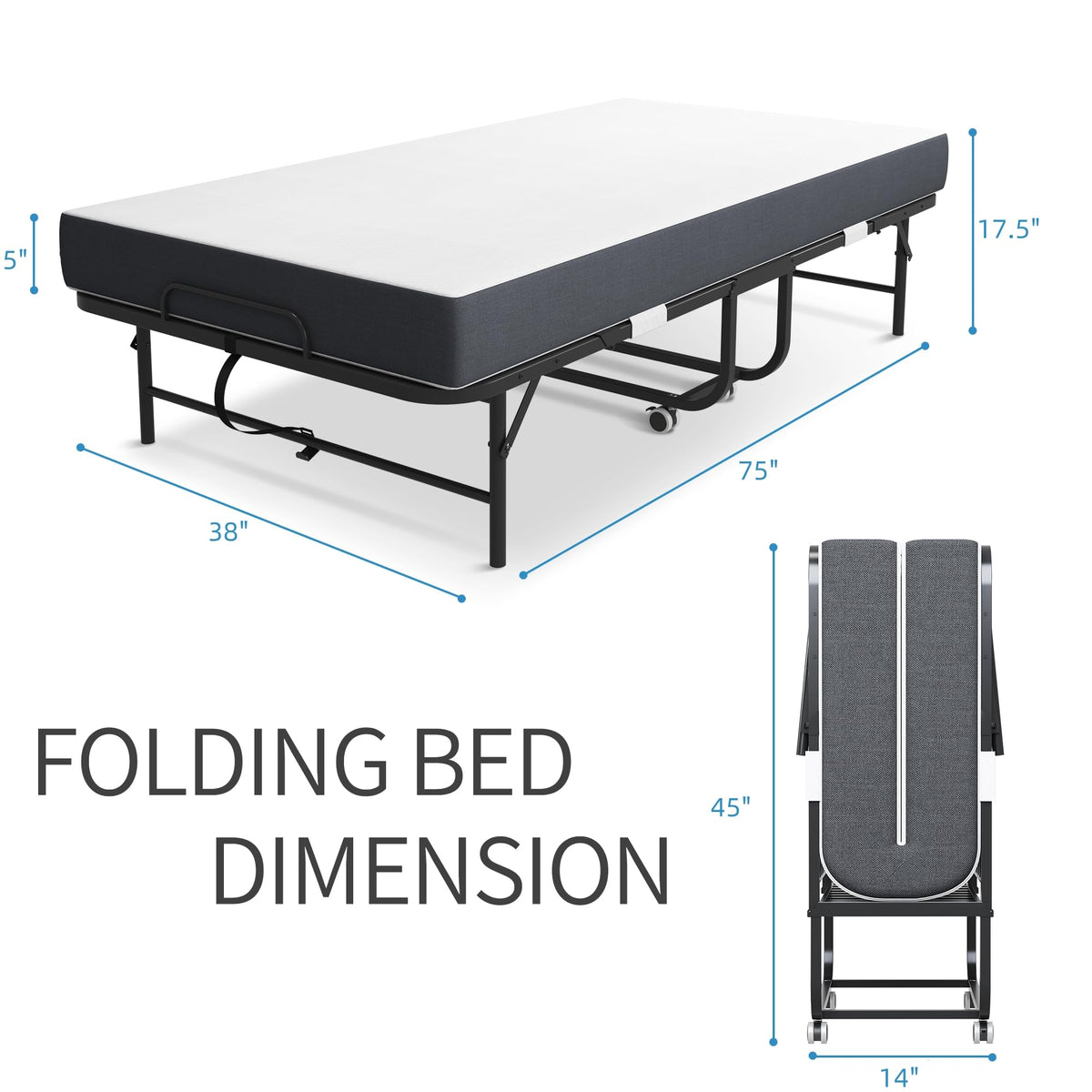 Folding Bed with Mattress, Twin Size Metal Bed Frame with Wheels V341565