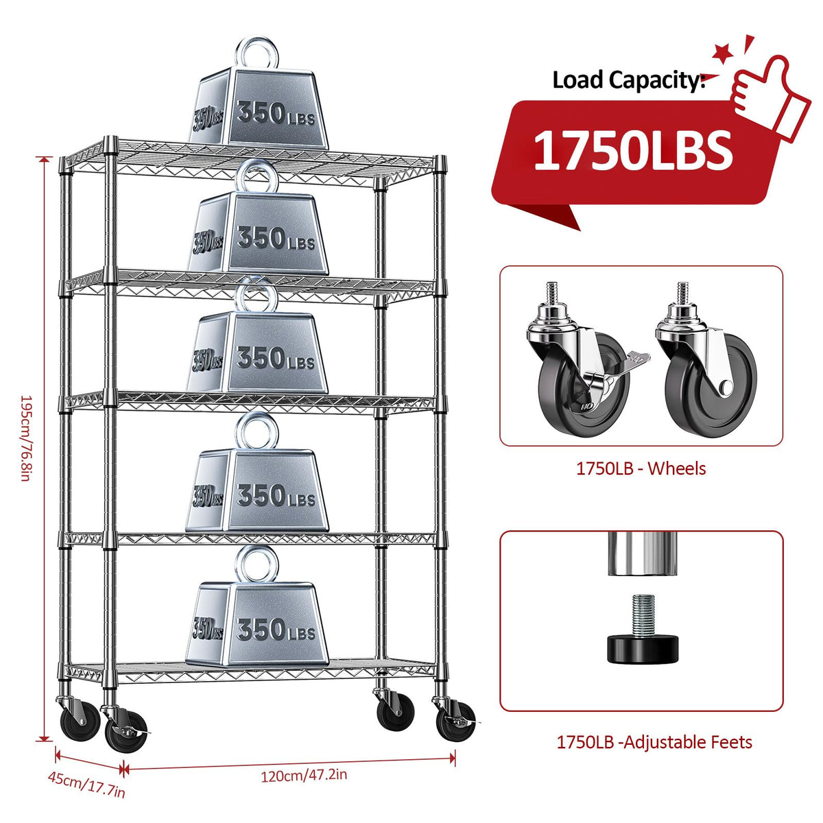5-Tier Adjustable Heavy Duty Steel Wire Shelving Unit with Wheels J998