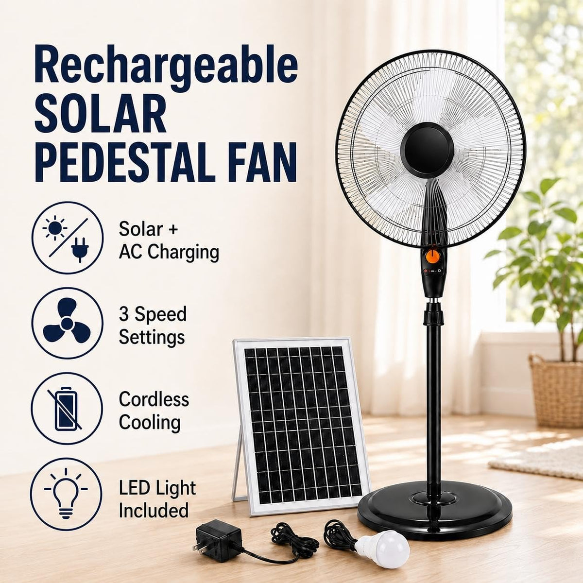 Rechargeable Pedestal Fan with Solar Panel L2647