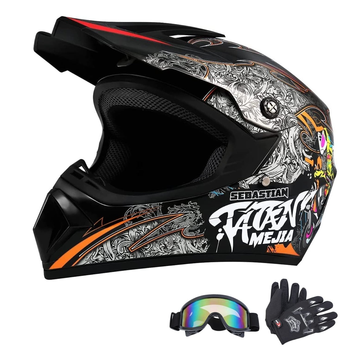 Black Motocross Helmet with Gloves and Goggles W18546