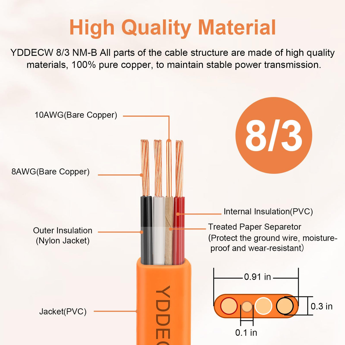 8 AWG 3 Conductor Non-Metallic Sheathed Cable 10FT Orange T438