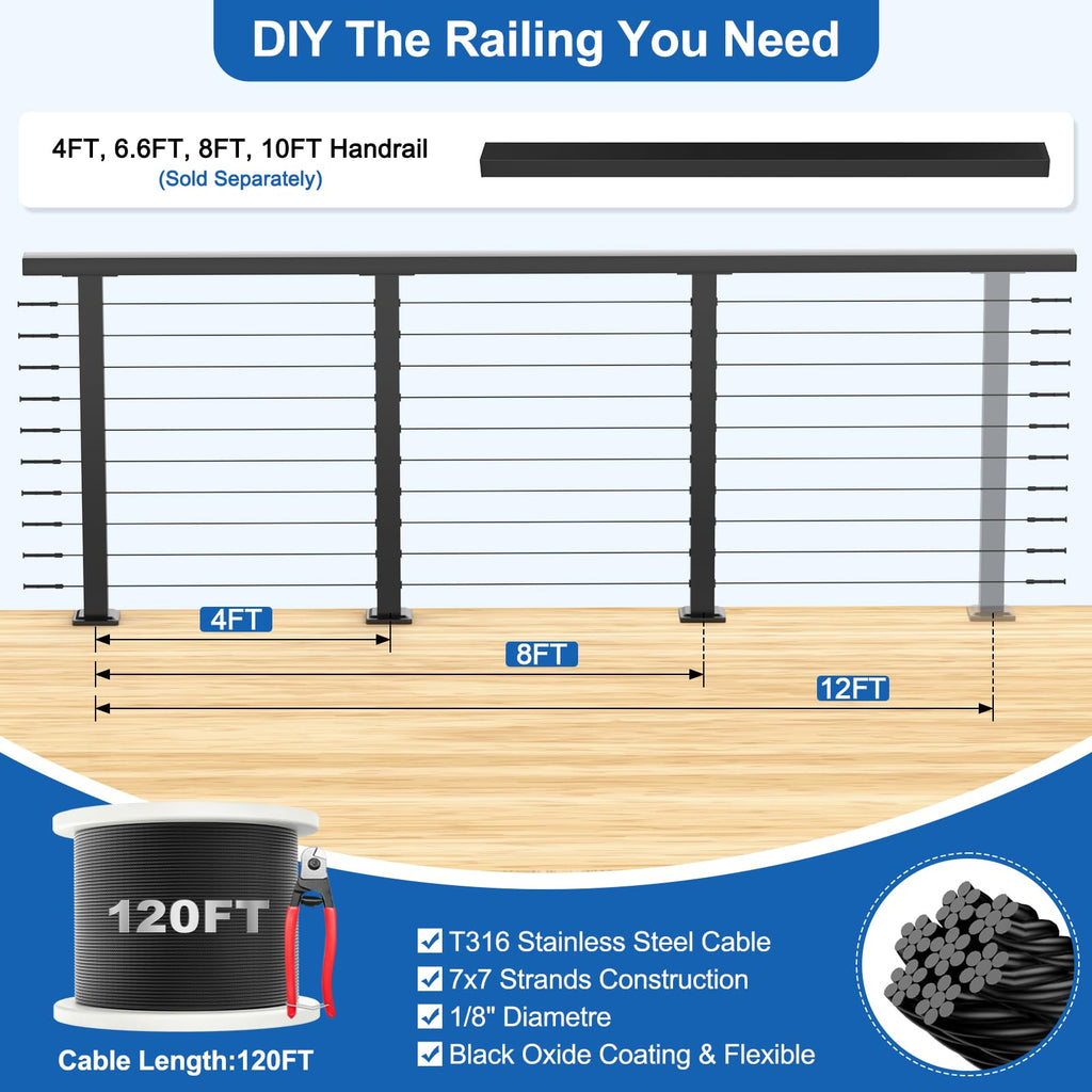 36" Cable Railing Kit with 3 Stainless Steel Black Posts A991380