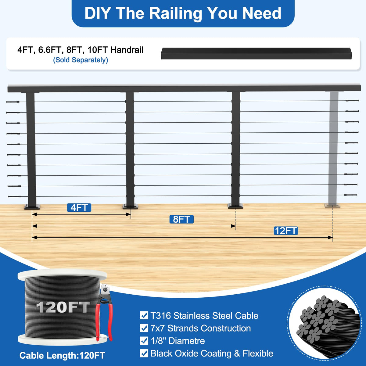 36" Cable Railing Kit with 3 Stainless Steel Black Posts A991380