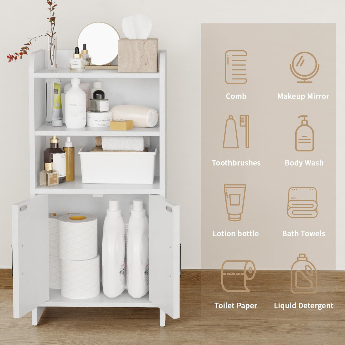 White Small Bathroom Storage Cabinet with 2 Doors and Shelves T14674