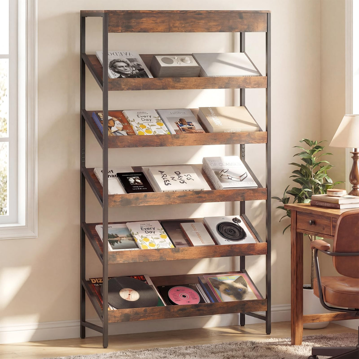 6-Tier Tall Freestanding Bookshelf with Angled Shelves I6792
