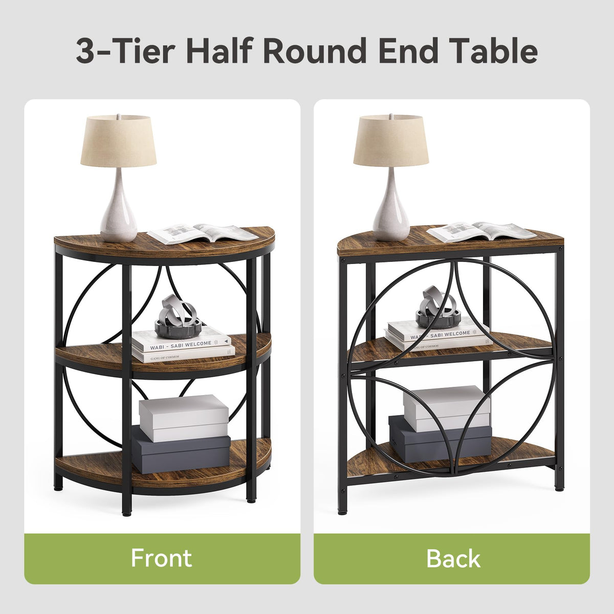 Half Round 3-Tier Narrow Side Table with Metal Frame H8820