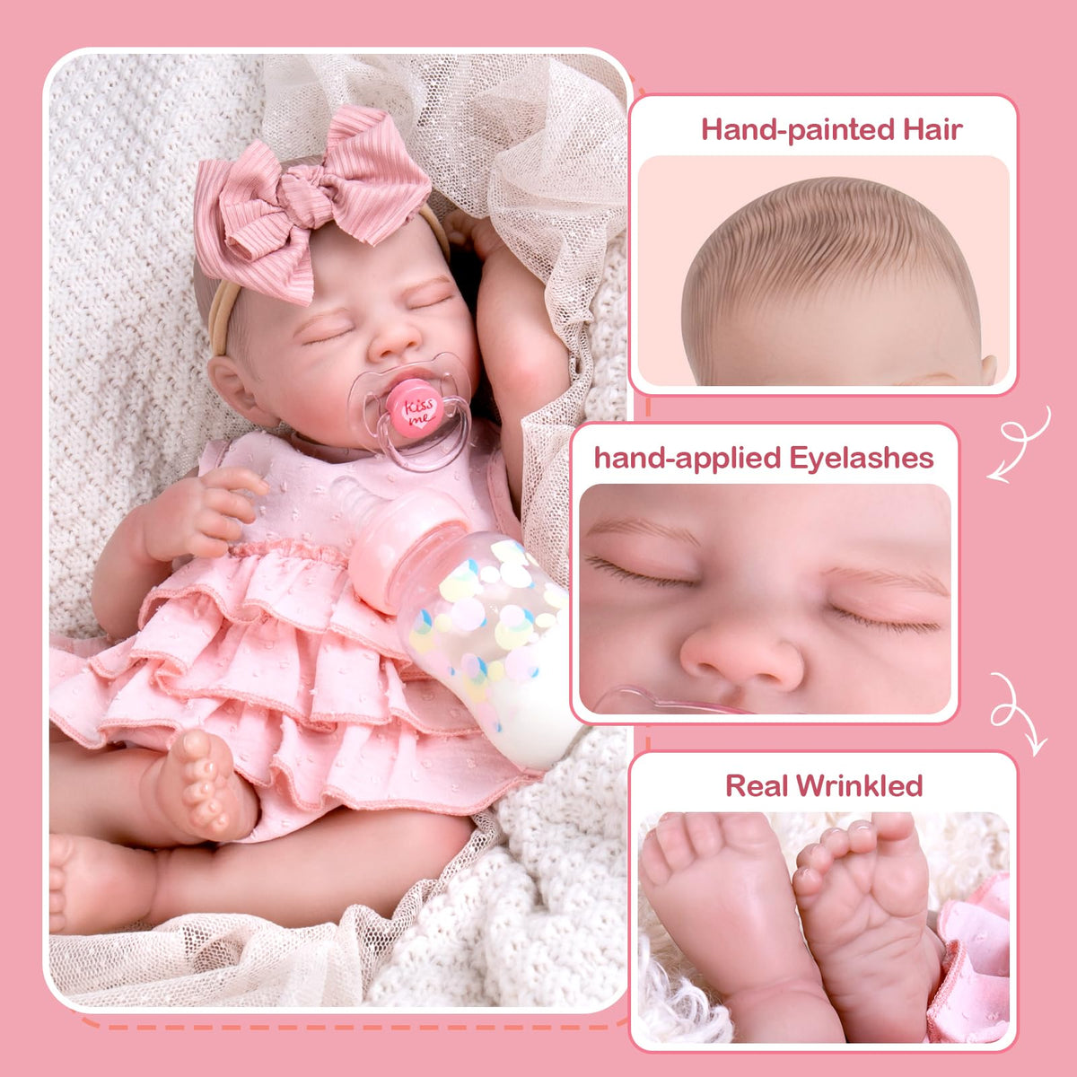 20'' Realistic Sleeping Newborn Girl Doll in Pink Dress M913685