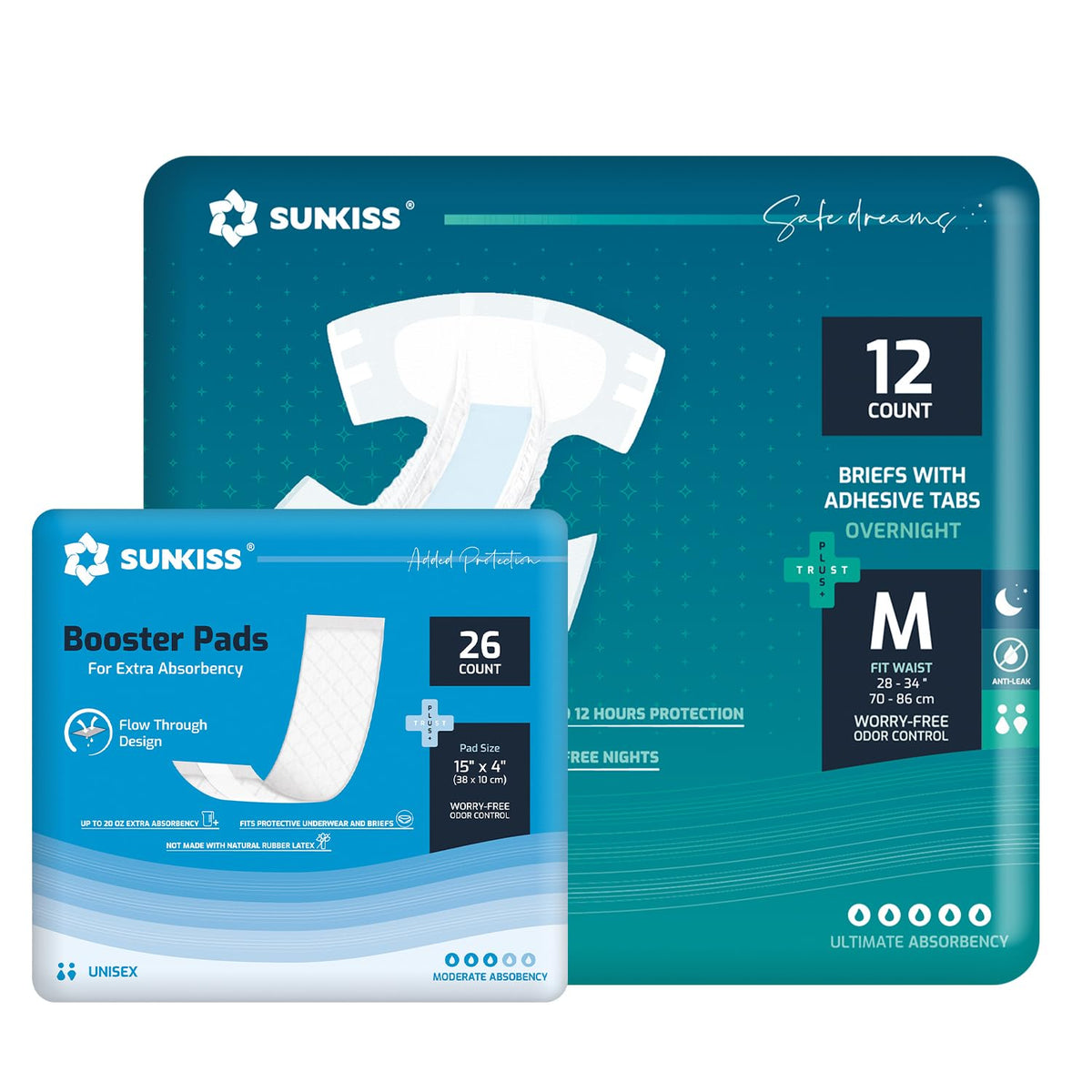 Adult Diapers Medium 12 Count & Booster Pads 26 Count Bundle Z451210