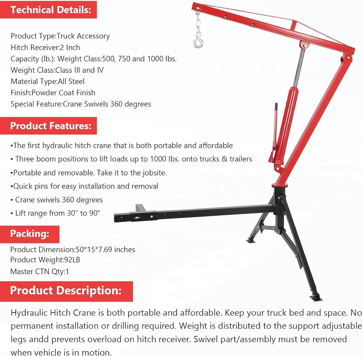 Hydraulic Hitch Mounted Pickup Truck Crane, 1000 Lbs Capacity, 360° Swivel, Red R768