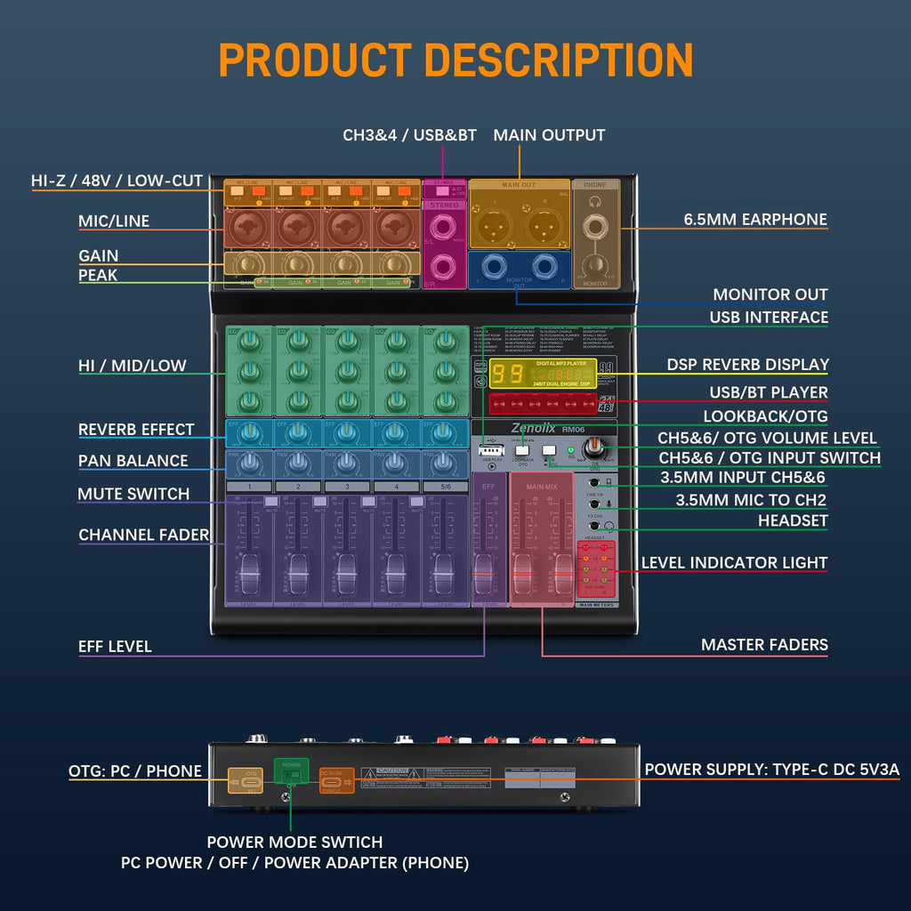 6 Channel Bluetooth Audio Mixer with 2 XLR Inputs G592