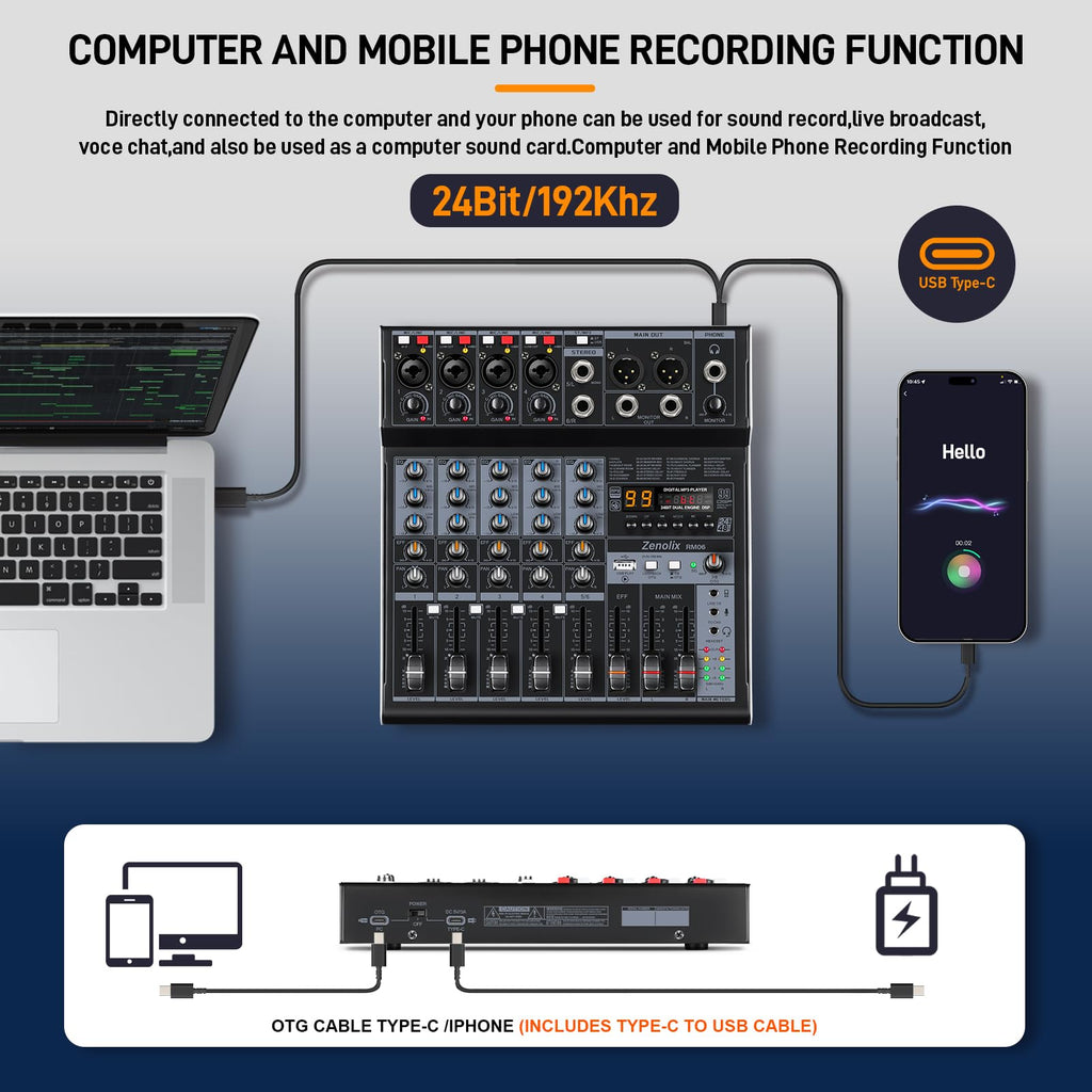 6 Channel Bluetooth Audio Mixer with 2 XLR Inputs G592