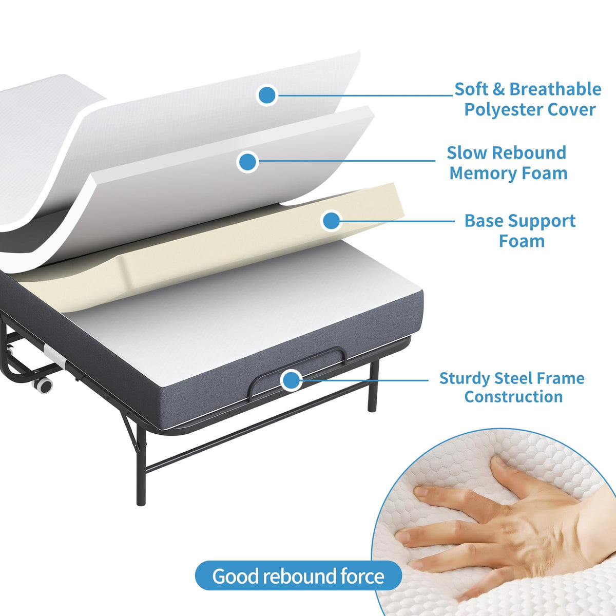 Folding Bed with Mattress, Twin Size Metal Bed Frame with Wheels V341565