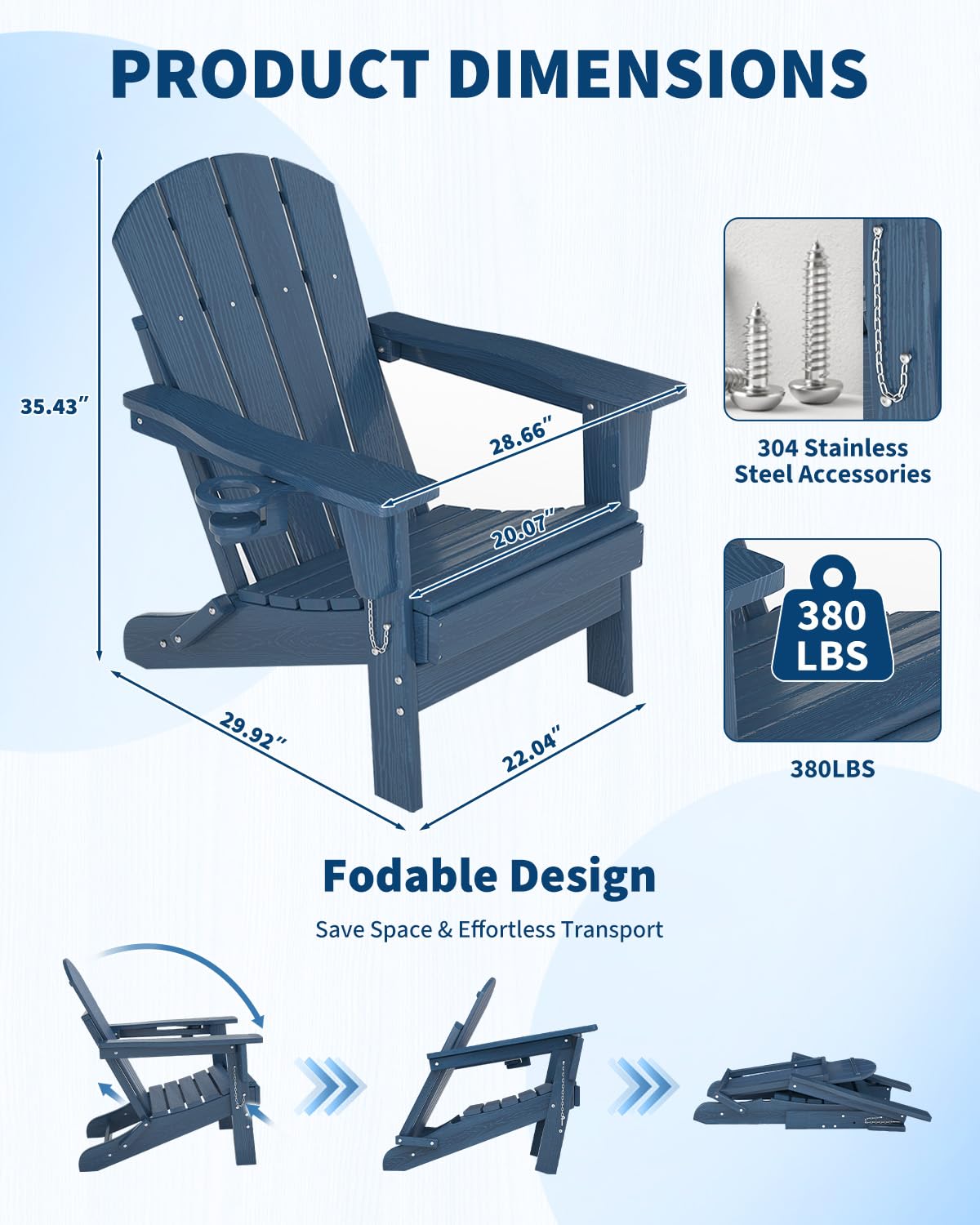 Navy Blue HDPE Folding Adirondack Chair Set of 6 with Cup Holder D3761