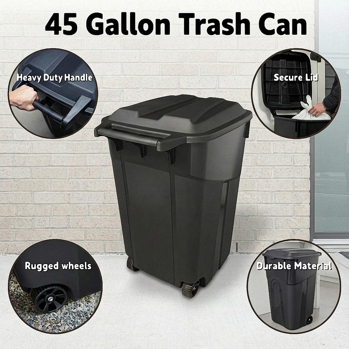45 Gallon Black Wheeled Trash Can with Lid K1171