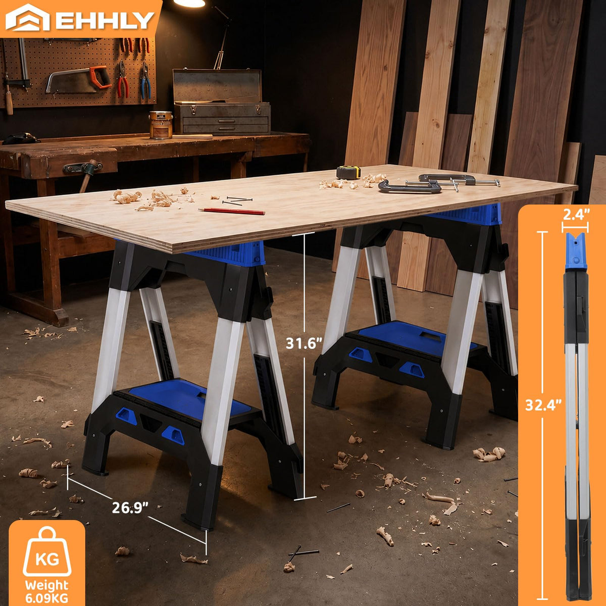 Folding Heavy Duty Sawhorses 2 Pack, 2500 LBS Load Capacity V15744