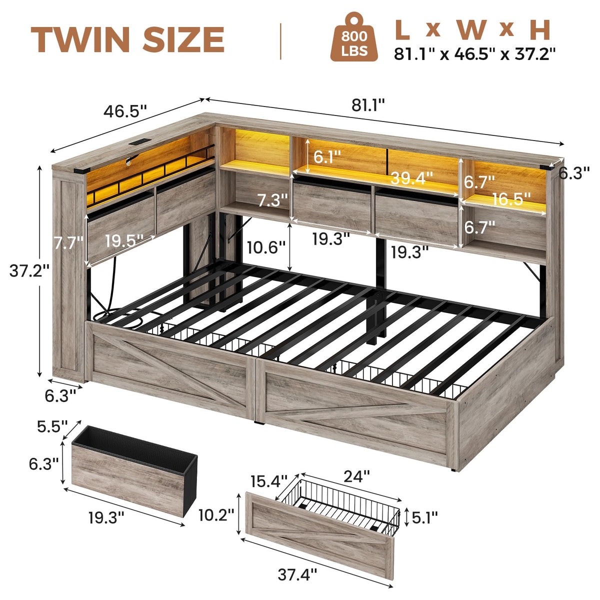 Twin Corner Bed Daybed with 6 Storage Drawers Grey Y667