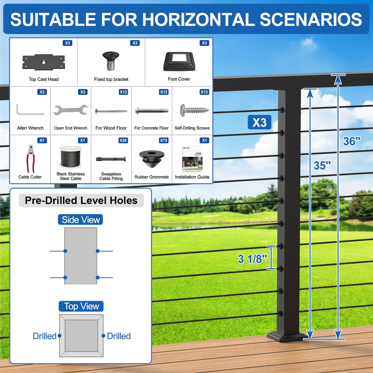 36" Cable Railing Kit with 3 Stainless Steel Black Posts A991380
