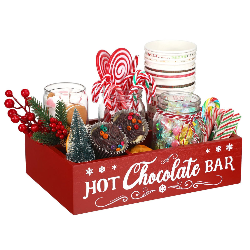Christmas Hot Cocoa Bar Station Organizer Storage Box Wood Red T958