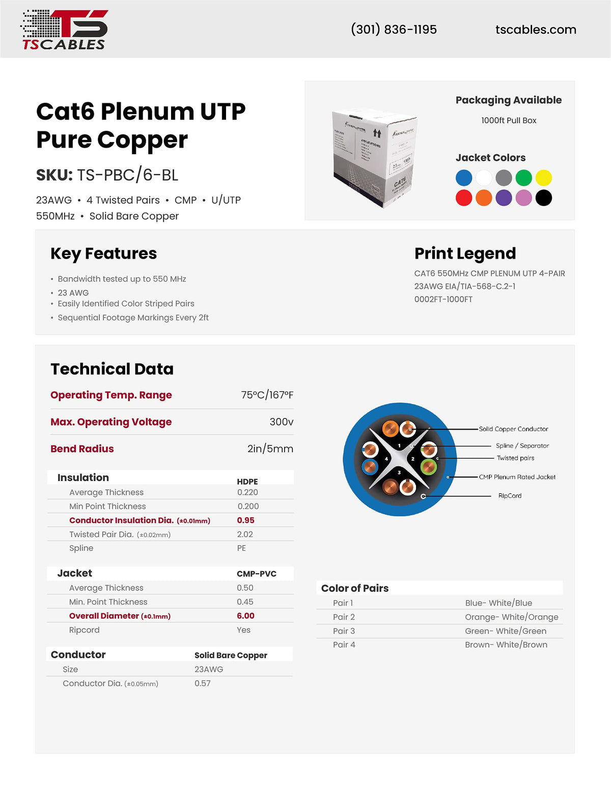 Cat6 Plenum 1000ft 23AWG Solid Bare Copper UTP Bulk Ethernet Cable U88619
