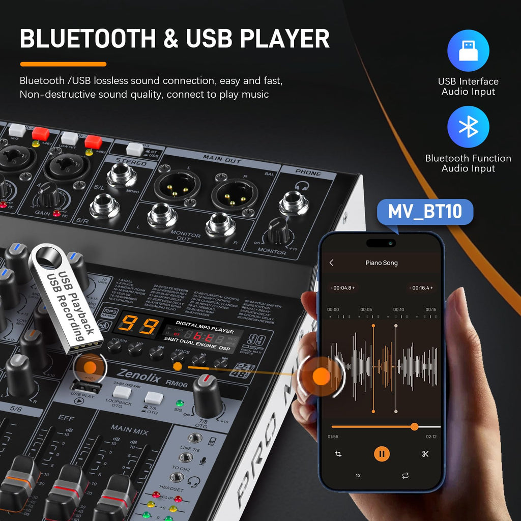 6 Channel Bluetooth Audio Mixer with 2 XLR Inputs G592