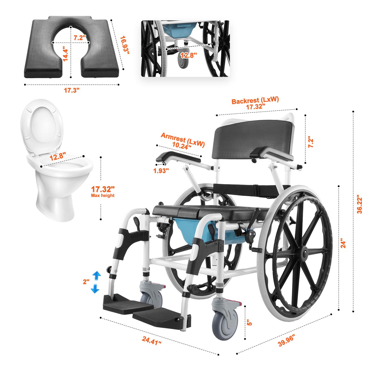 17.5in Adjustable Aluminum Shower Wheelchair with Brake X751