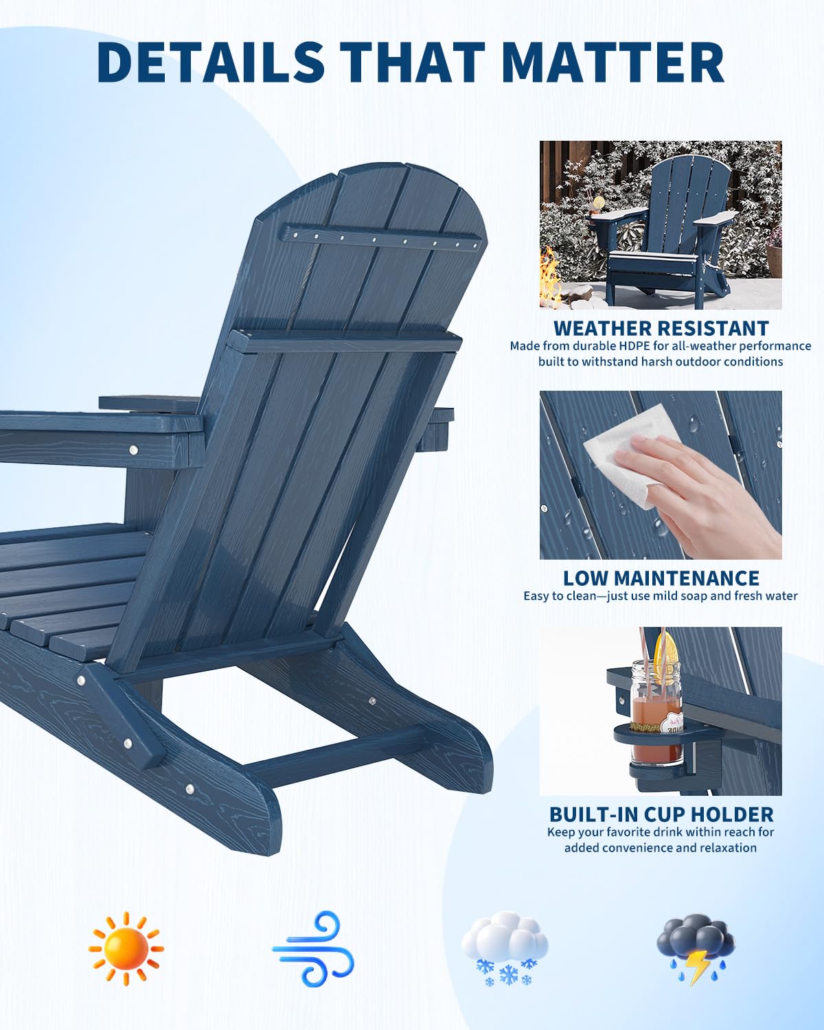 Navy Blue HDPE Folding Adirondack Chair Set of 6 with Cup Holder D3761