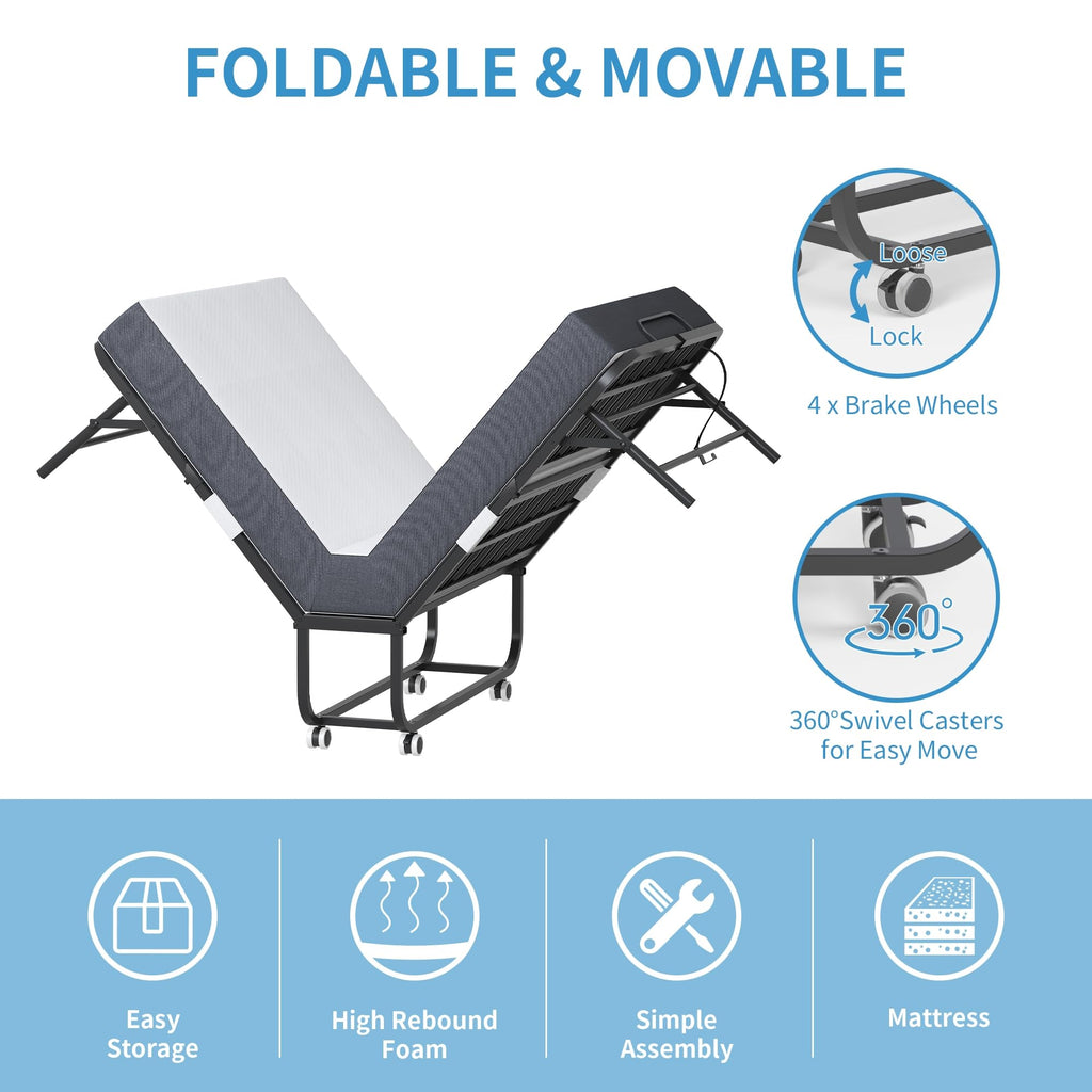 Folding Bed with Mattress, Twin Size Metal Bed Frame with Wheels V341565