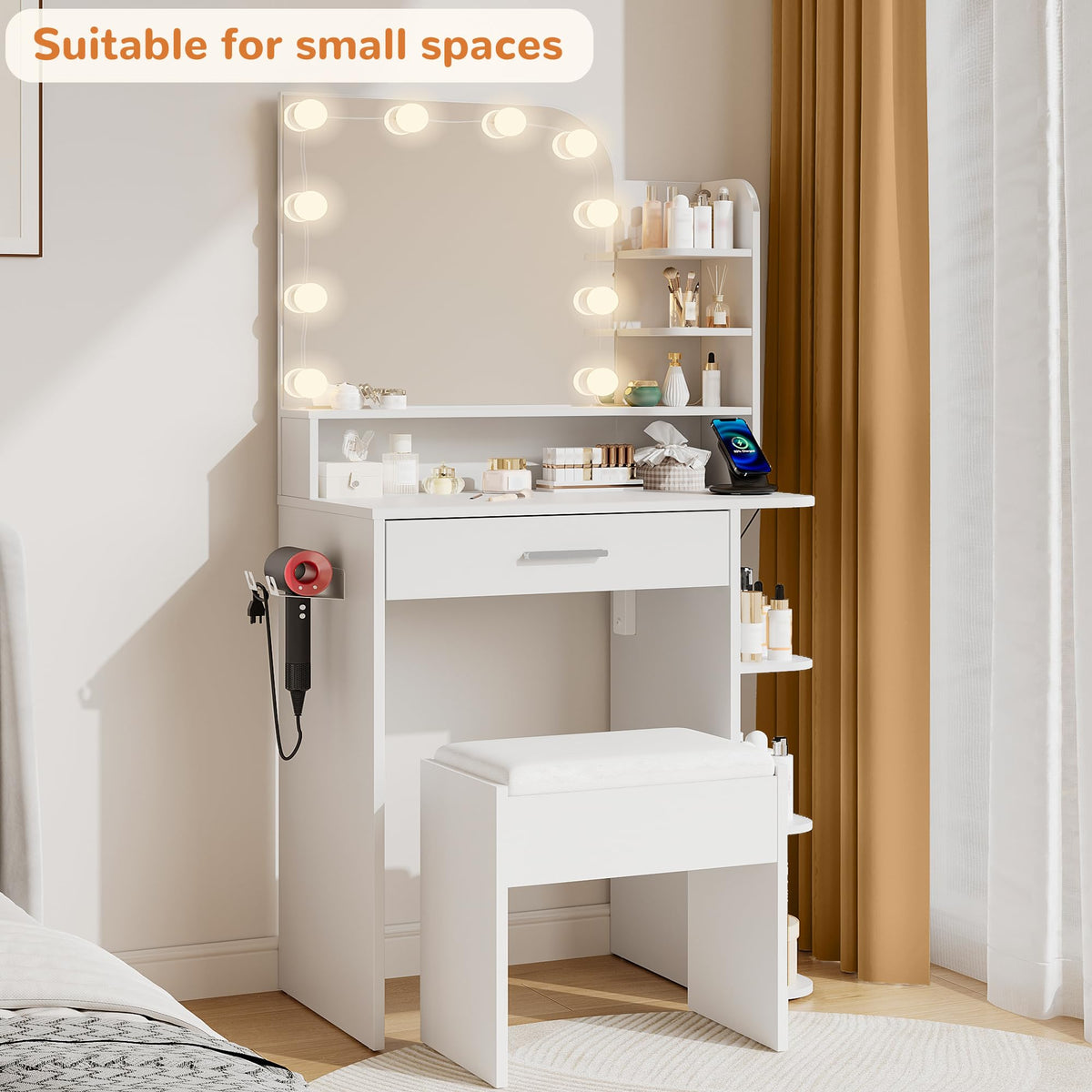 White Small Vanity Set with Chair, Mirror & Lights P807