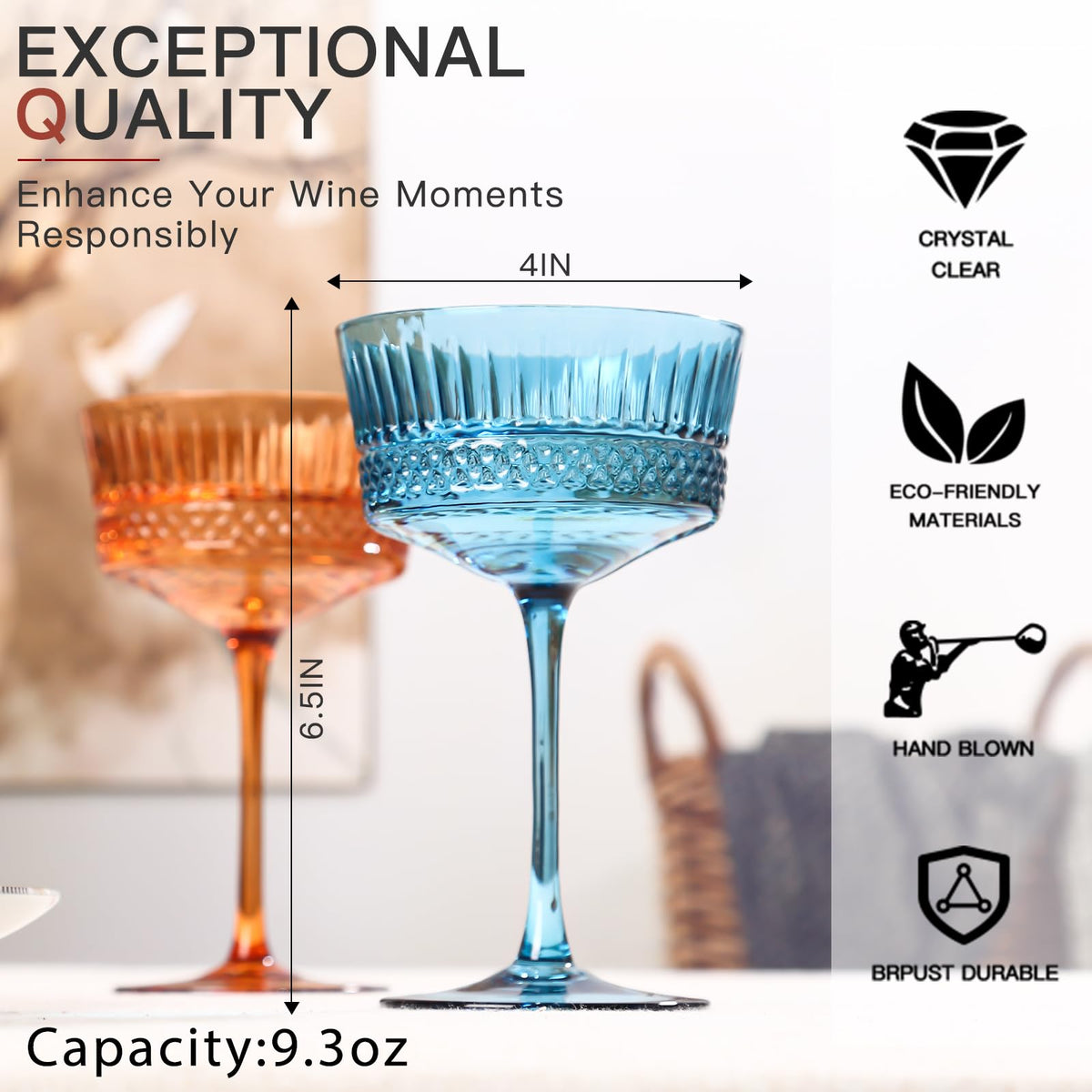 Colored Coupe Glasses Set of 6, 9.3oz Crystal Cocktail Glass F288300