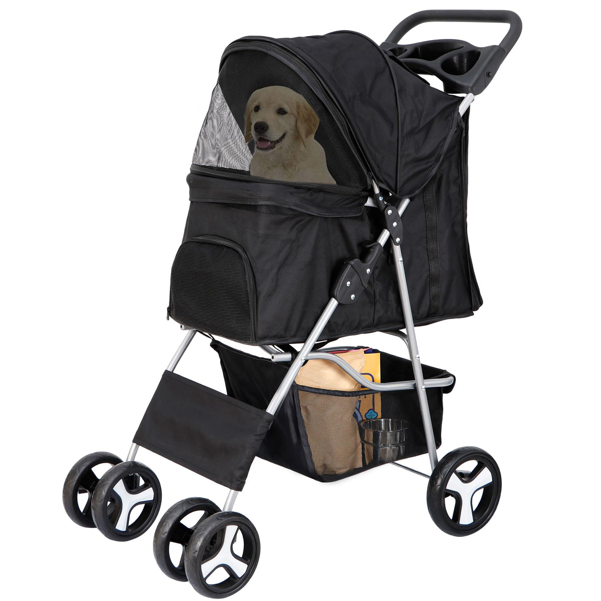 4 Wheels Foldable Pet Stroller with Storage Basket and Cup Holder E891506