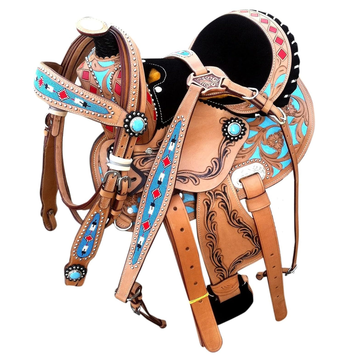 Turquoise Miniature Horse Saddle Set 8" with Headstall Breast Collar Reins K9685