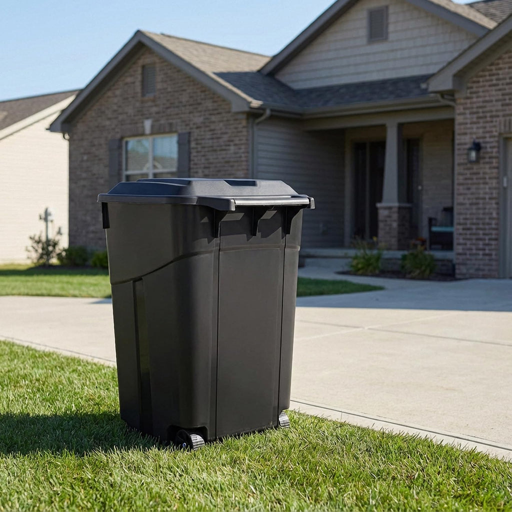45 Gallon Black Wheeled Trash Can with Lid K1171