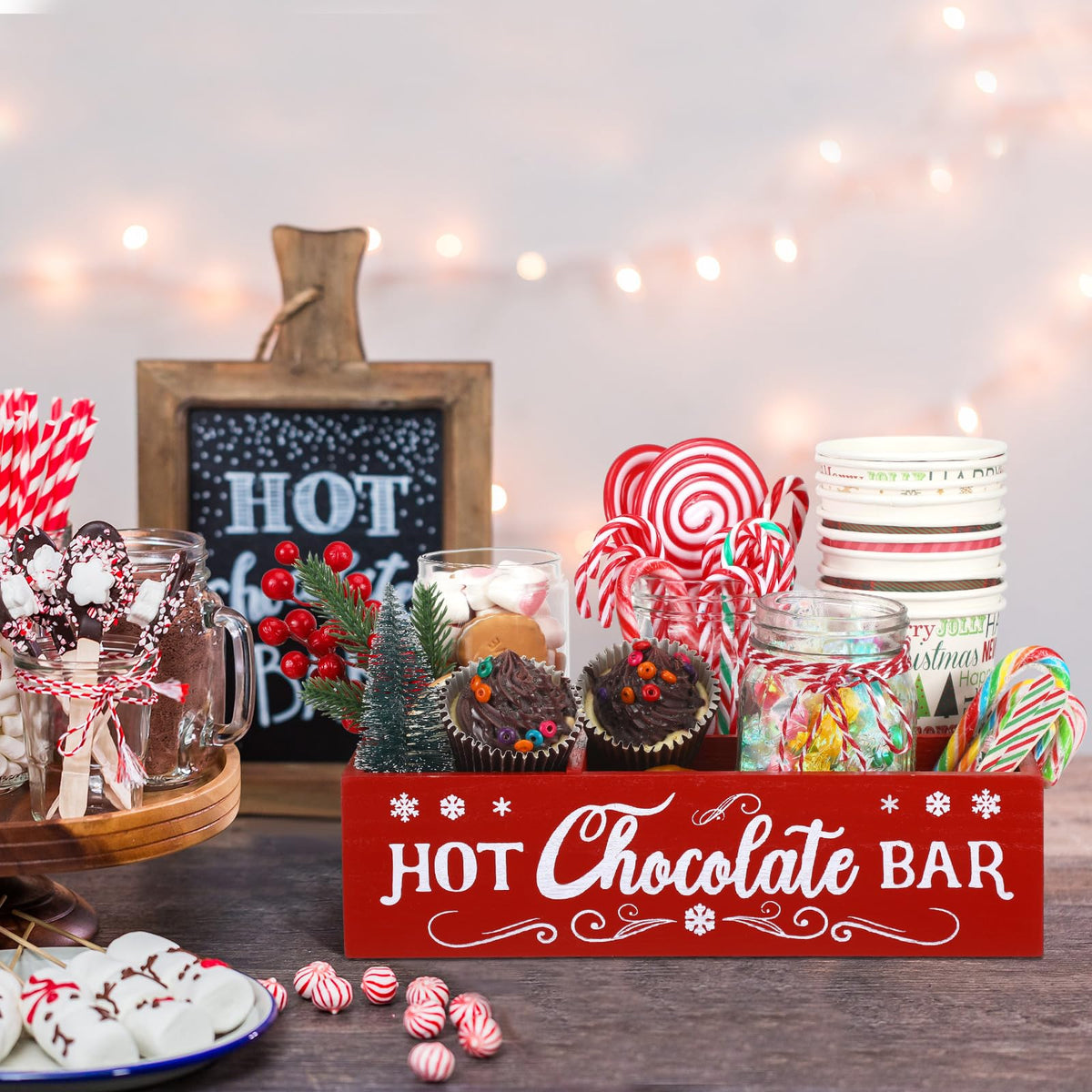 Christmas Hot Cocoa Bar Station Organizer Storage Box Wood Red T958