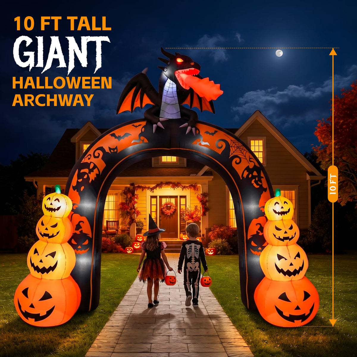 10 FT Tall Halloween Inflatables Dragon Pumpkin Archway Outdoor Decorations with Built-in LEDs Y693789