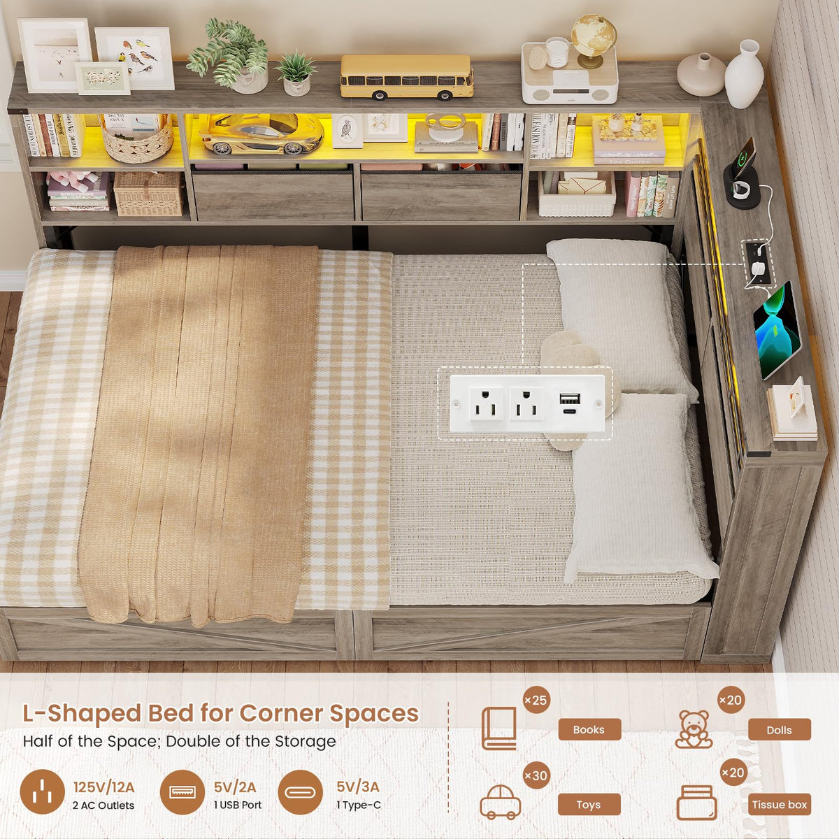Twin Corner Bed Daybed with 6 Storage Drawers Grey Y667